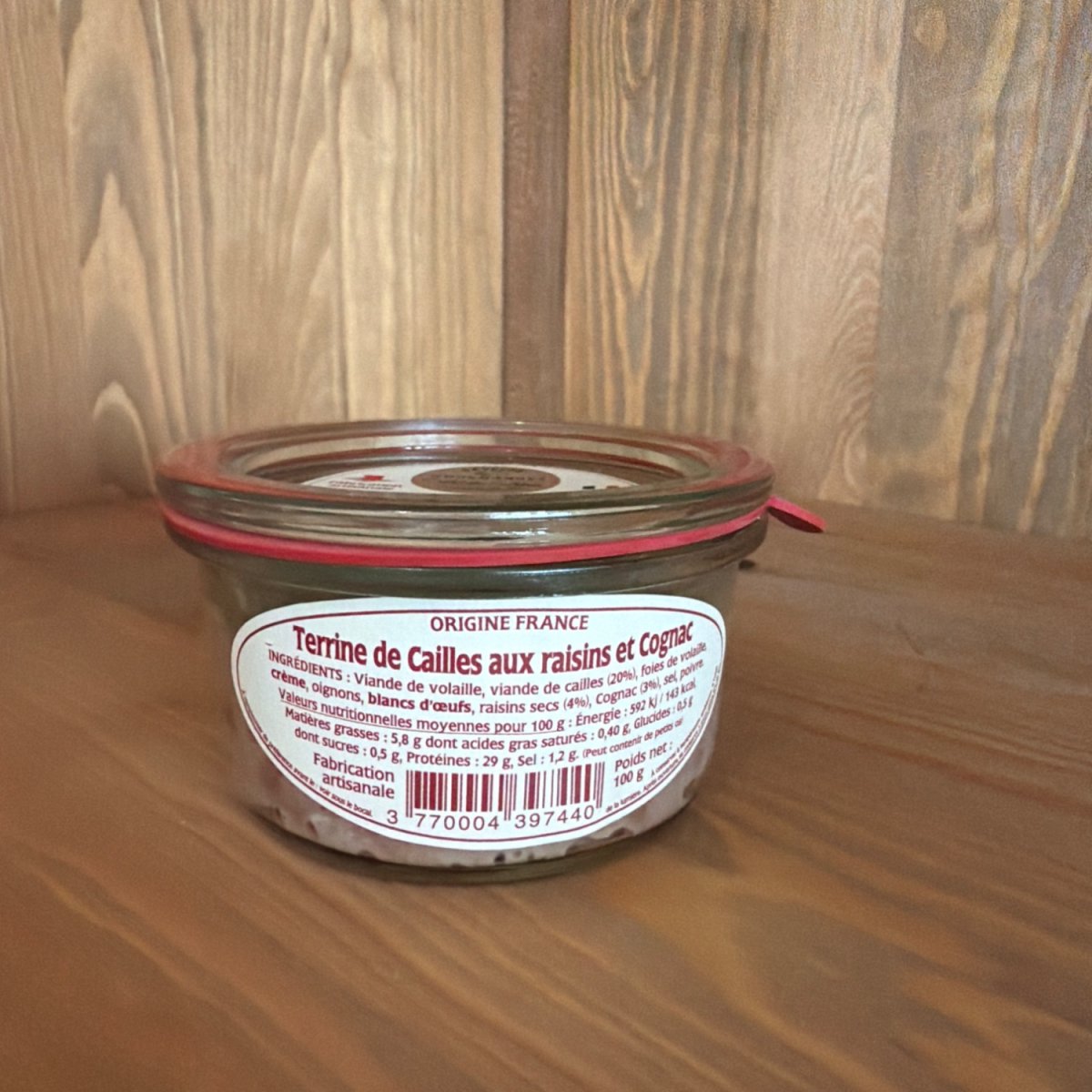 Terrine de cailles aux raisins et Cognac — produit artisanal du terroir français, Origine France